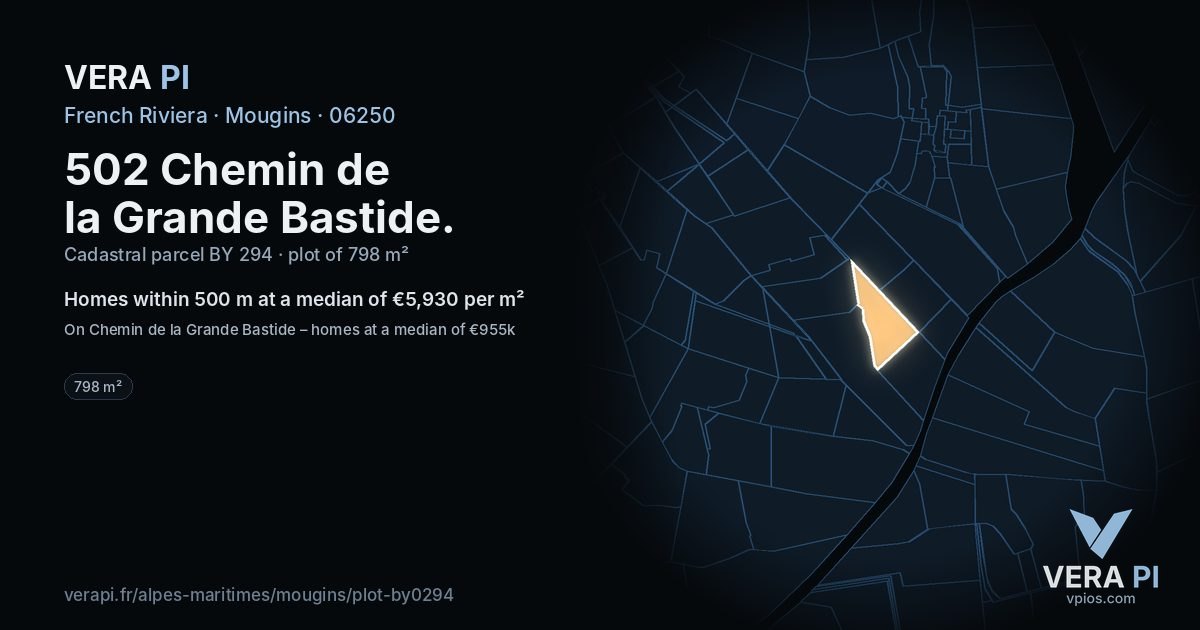 502 Chemin de la Grande Bastide, Mougins at night – the plot lit, the parcels around coloured by the prices near them