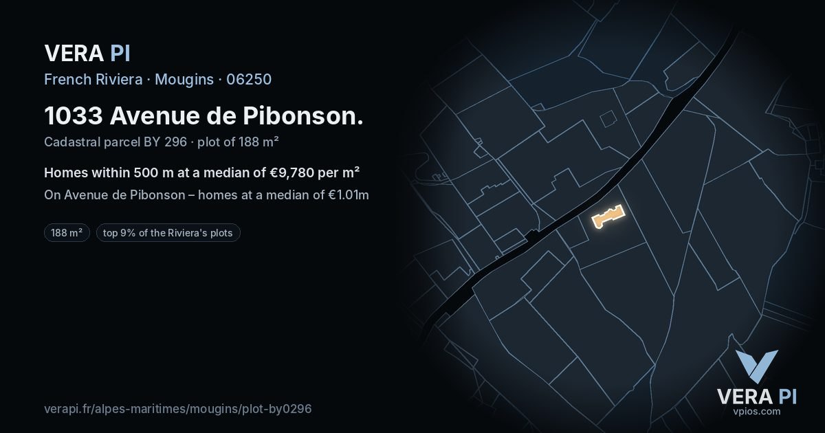 1033 Avenue de Pibonson, Mougins at night – the plot lit, the parcels around coloured by the prices near them