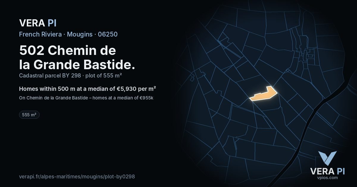 502 Chemin de la Grande Bastide, Mougins at night – the plot lit, the parcels around coloured by the prices near them