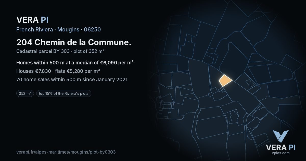 204 Chemin de la Commune, Mougins at night – the plot lit, the parcels around coloured by the prices near them