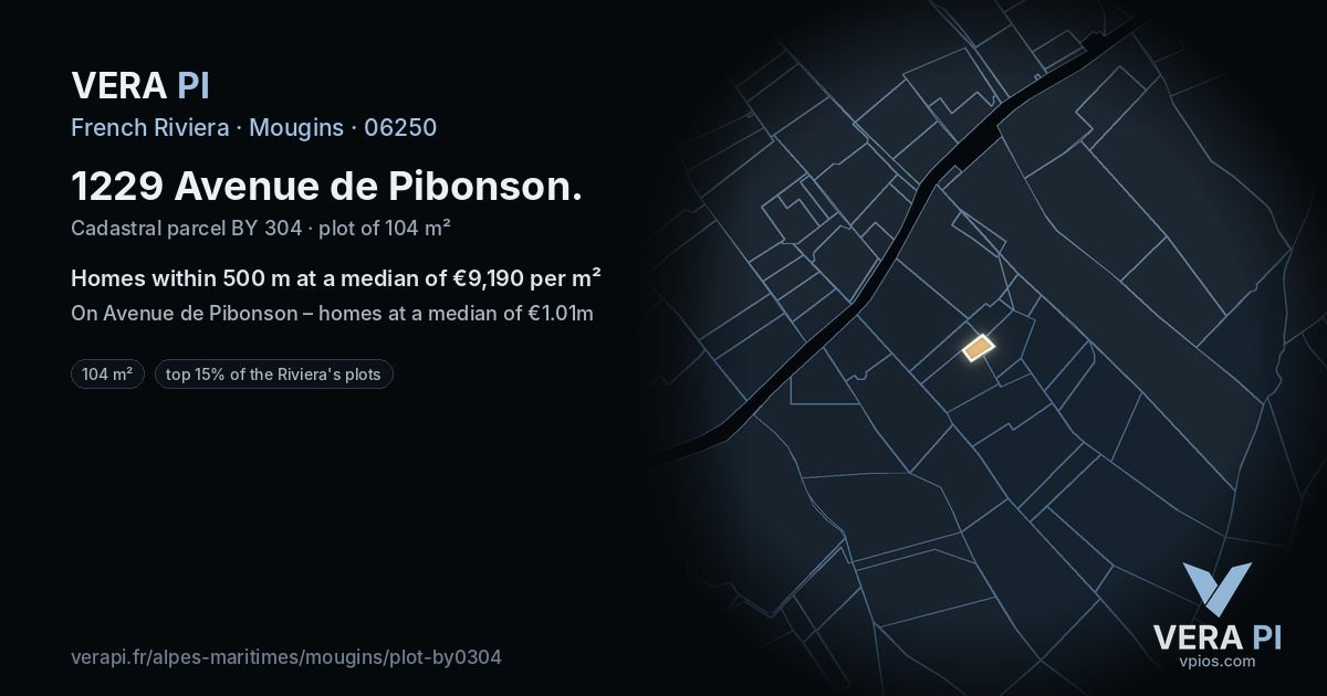 1229 Avenue de Pibonson, Mougins at night – the plot lit, the parcels around coloured by the prices near them