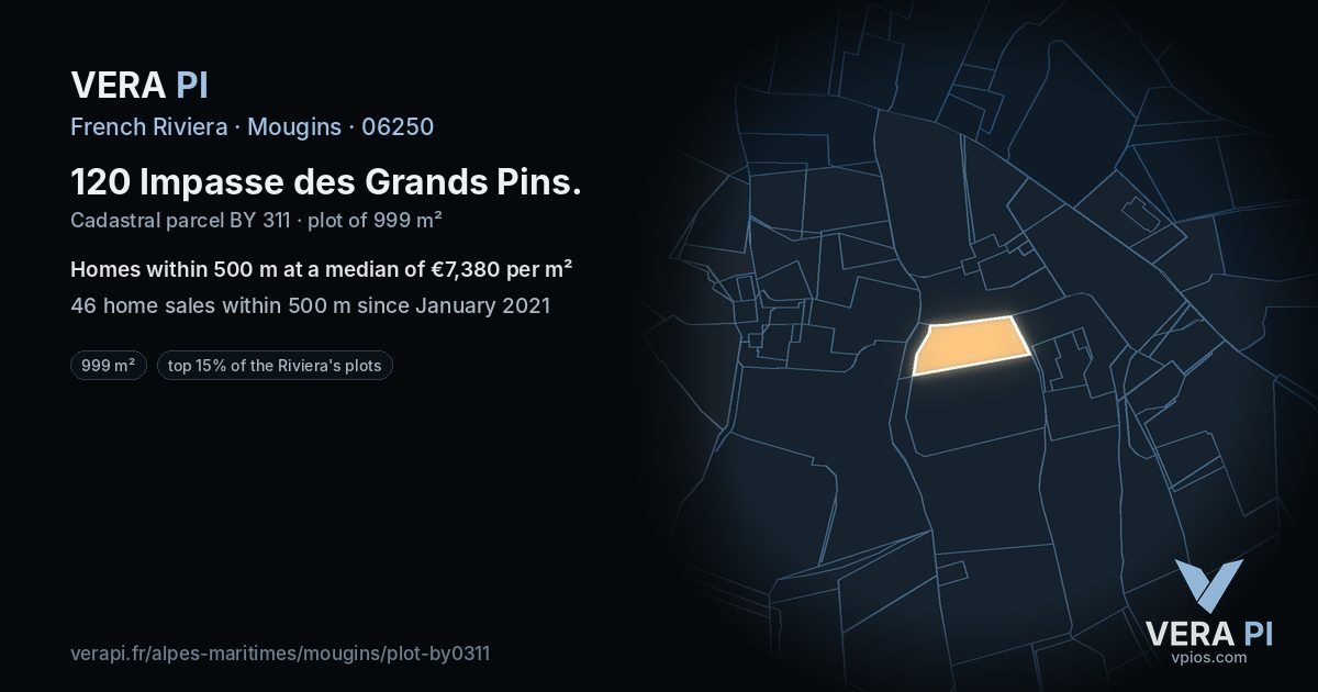 120 Impasse des Grands Pins, Mougins at night – the plot lit, the parcels around coloured by the prices near them