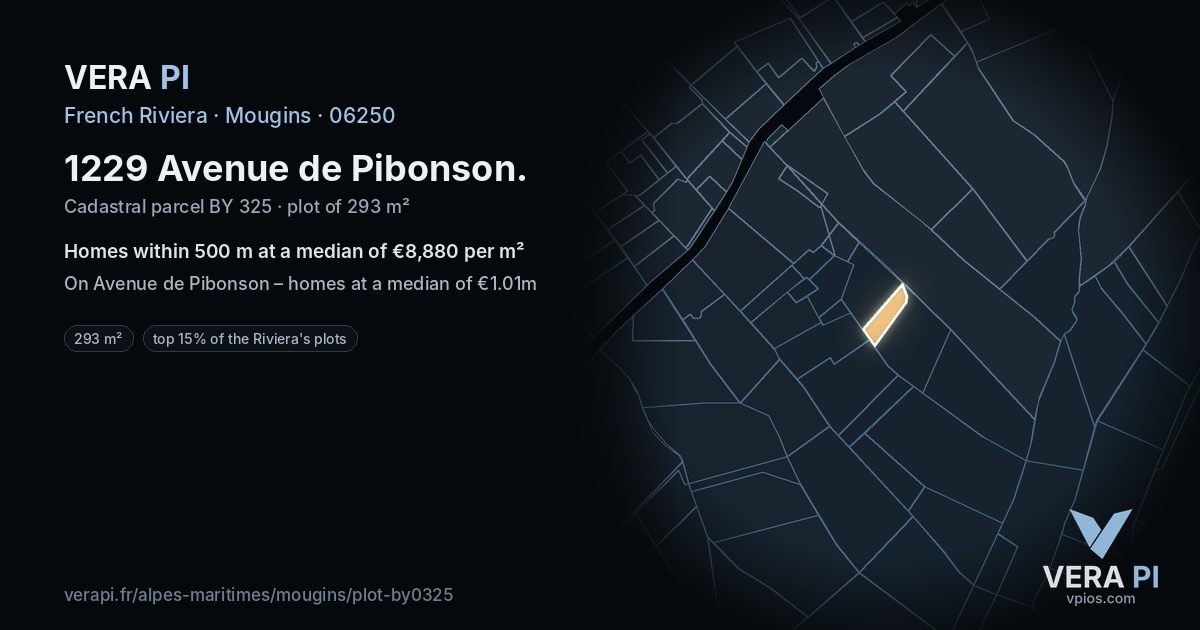 1229 Avenue de Pibonson, Mougins at night – the plot lit, the parcels around coloured by the prices near them