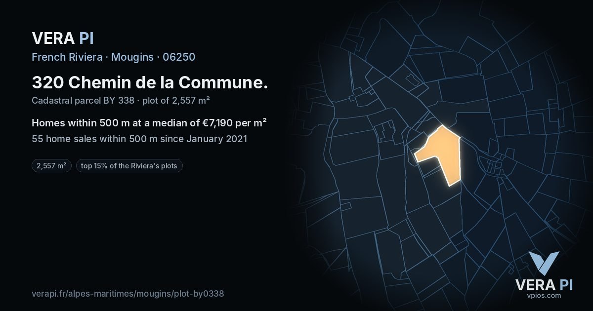 320 Chemin de la Commune, Mougins at night – the plot lit, the parcels around coloured by the prices near them