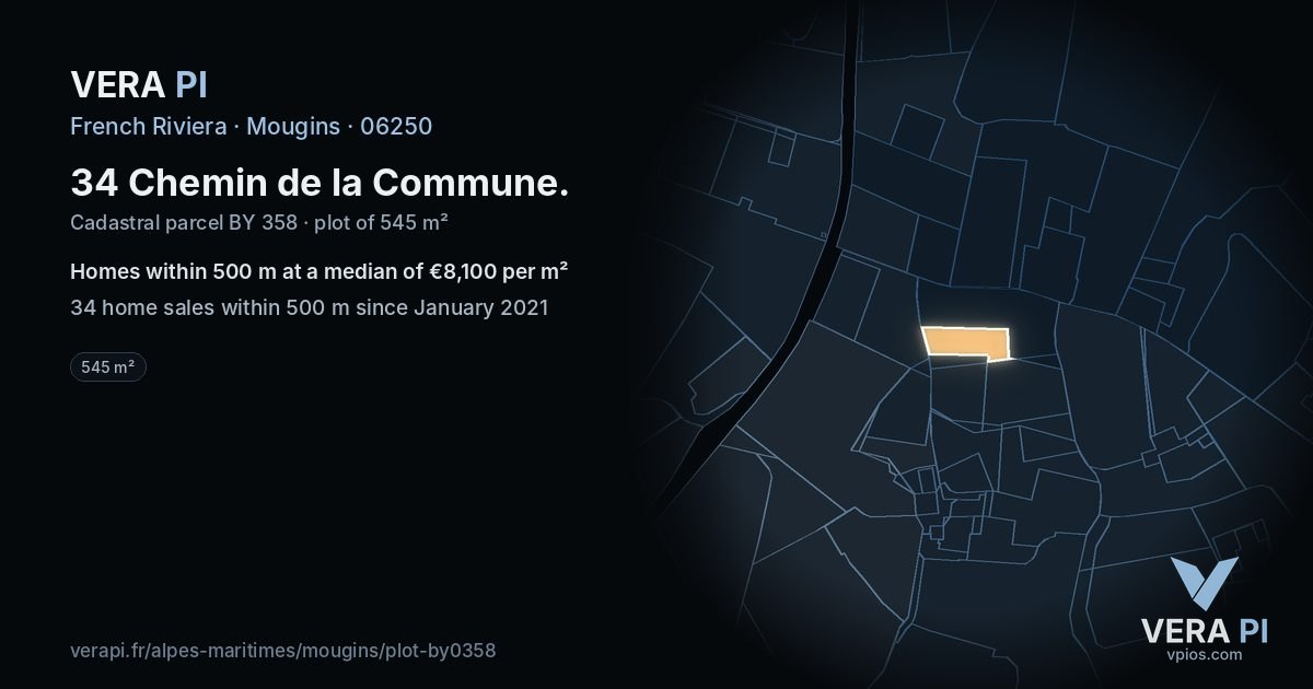 34 Chemin de la Commune, Mougins at night – the plot lit, the parcels around coloured by the prices near them