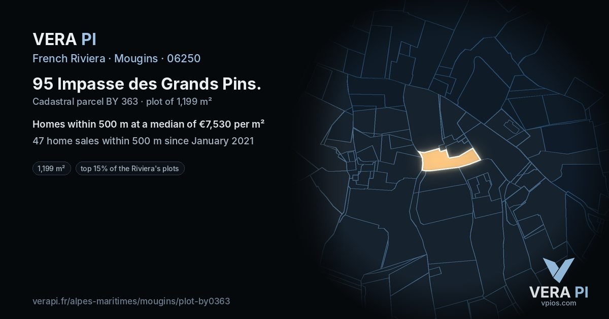 95 Impasse des Grands Pins, Mougins at night – the plot lit, the parcels around coloured by the prices near them