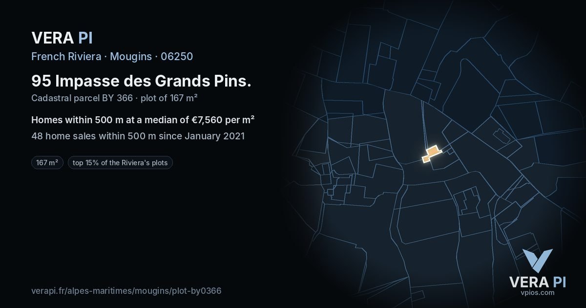 95 Impasse des Grands Pins, Mougins at night – the plot lit, the parcels around coloured by the prices near them