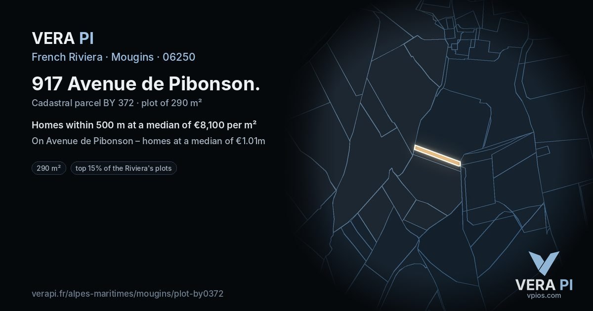 917 Avenue de Pibonson, Mougins at night – the plot lit, the parcels around coloured by the prices near them
