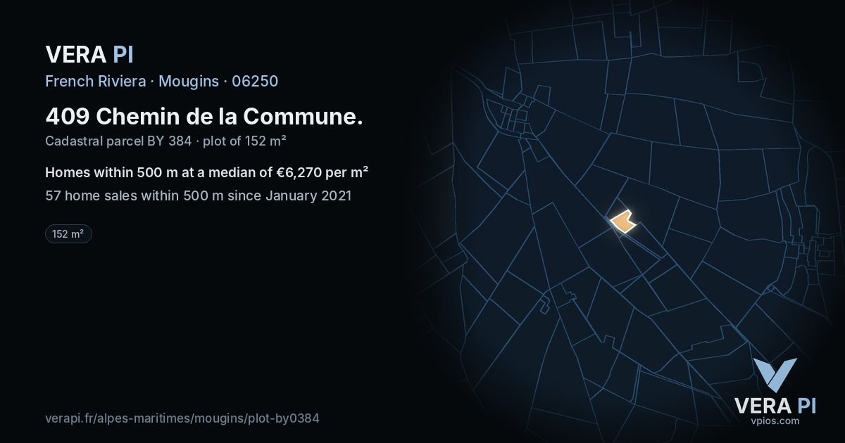 409 Chemin de la Commune, Mougins at night – the plot lit, the parcels around coloured by the prices near them