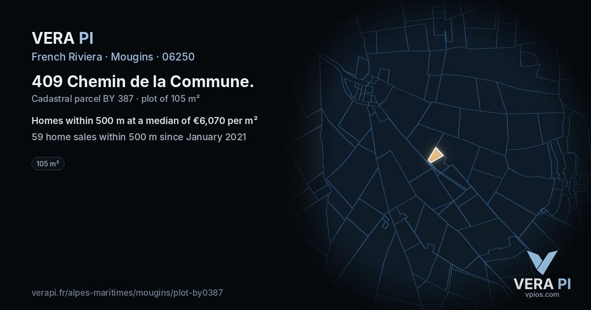 409 Chemin de la Commune, Mougins at night – the plot lit, the parcels around coloured by the prices near them