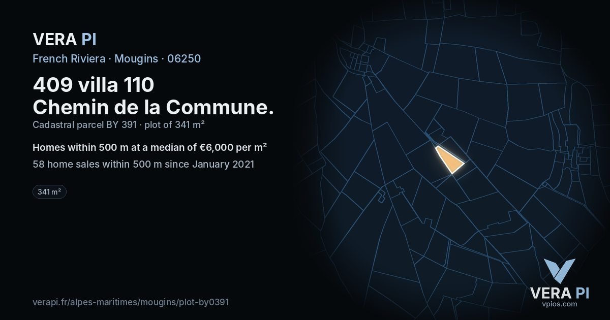 409 villa 110 Chemin de la Commune, Mougins at night – the plot lit, the parcels around coloured by the prices near them