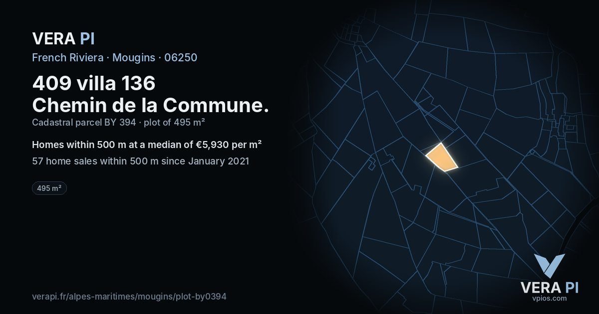409 villa 136 Chemin de la Commune, Mougins at night – the plot lit, the parcels around coloured by the prices near them
