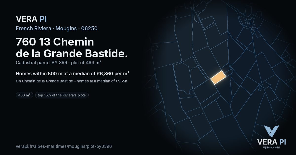 760 13 Chemin de la Grande Bastide, Mougins at night – the plot lit, the parcels around coloured by the prices near them