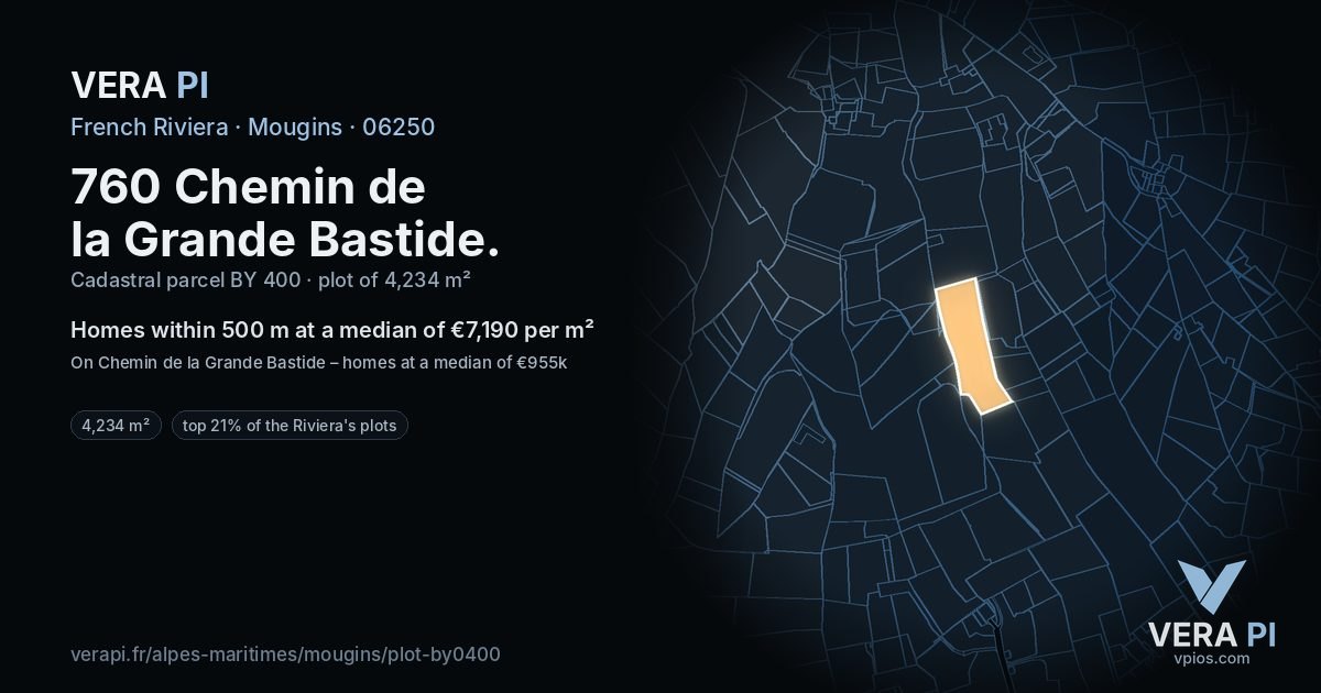 760 Chemin de la Grande Bastide, Mougins at night – the plot lit, the parcels around coloured by the prices near them