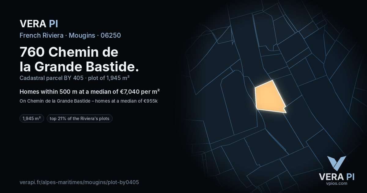 760 Chemin de la Grande Bastide, Mougins at night – the plot lit, the parcels around coloured by the prices near them