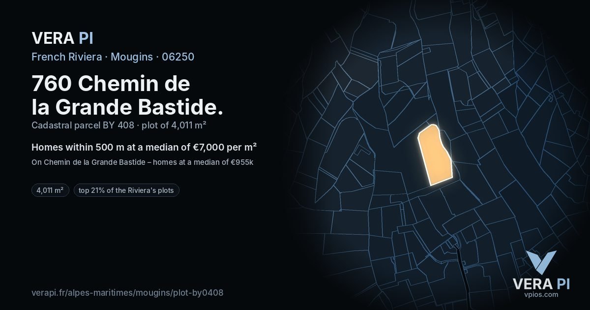 760 Chemin de la Grande Bastide, Mougins at night – the plot lit, the parcels around coloured by the prices near them
