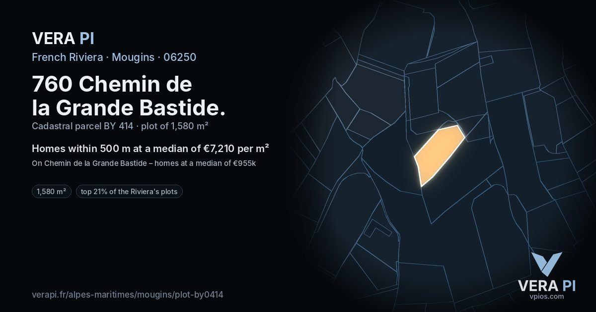 760 Chemin de la Grande Bastide, Mougins at night – the plot lit, the parcels around coloured by the prices near them