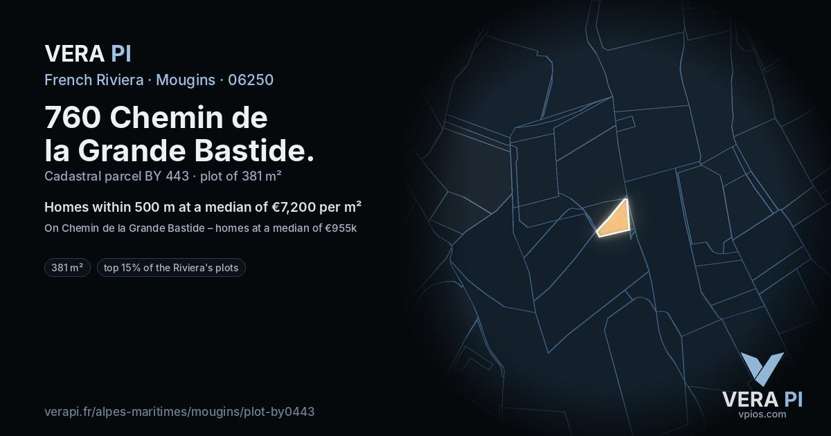 760 Chemin de la Grande Bastide, Mougins at night – the plot lit, the parcels around coloured by the prices near them