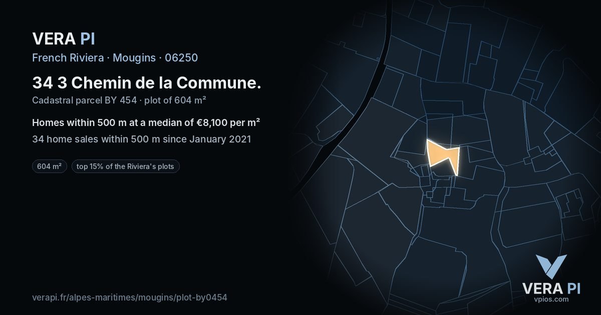 34 3 Chemin de la Commune, Mougins at night – the plot lit, the parcels around coloured by the prices near them