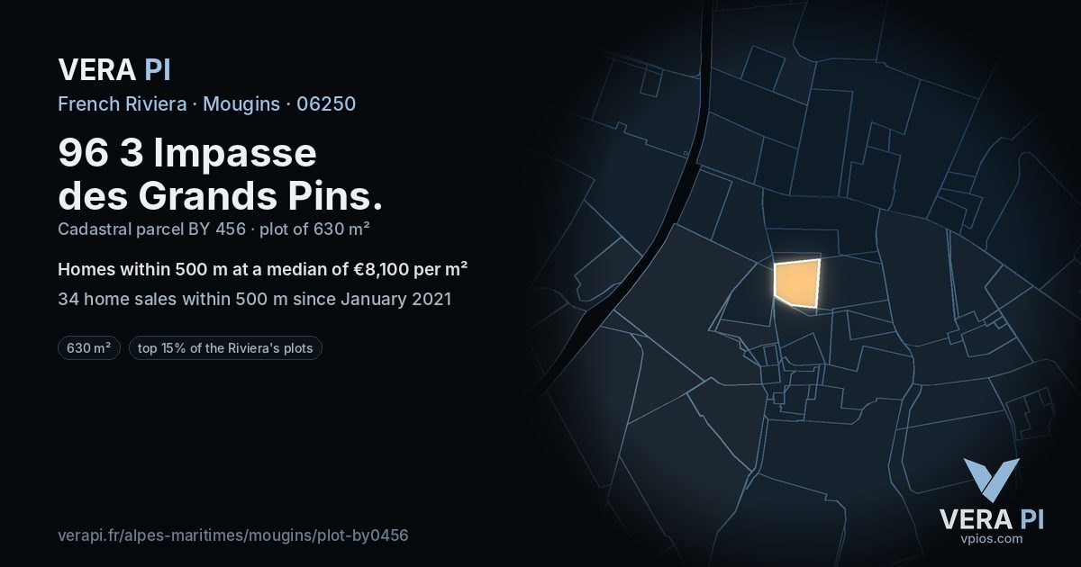 96 3 Impasse des Grands Pins, Mougins at night – the plot lit, the parcels around coloured by the prices near them
