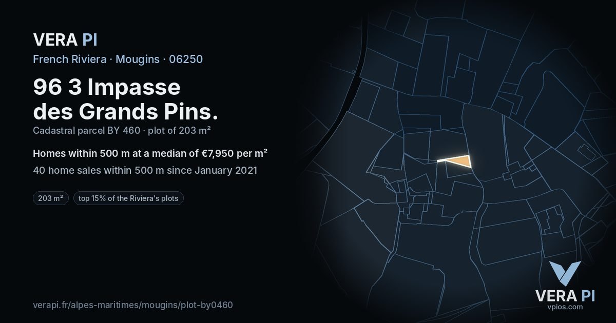 96 3 Impasse des Grands Pins, Mougins at night – the plot lit, the parcels around coloured by the prices near them