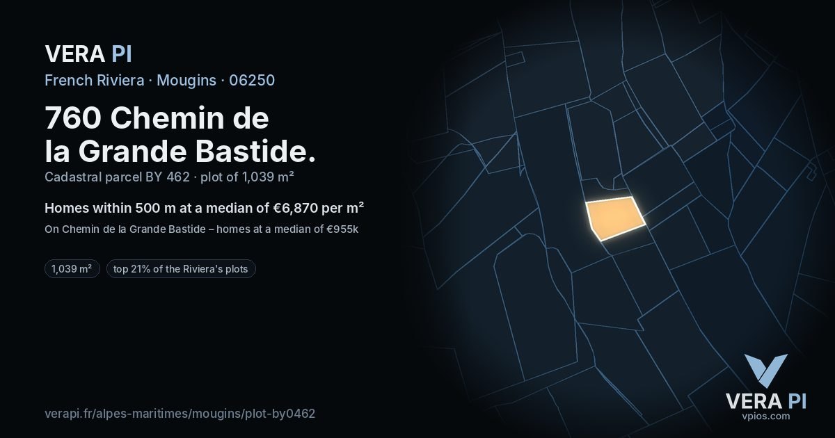 760 Chemin de la Grande Bastide, Mougins at night – the plot lit, the parcels around coloured by the prices near them