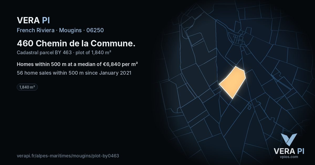460 Chemin de la Commune, Mougins at night – the plot lit, the parcels around coloured by the prices near them