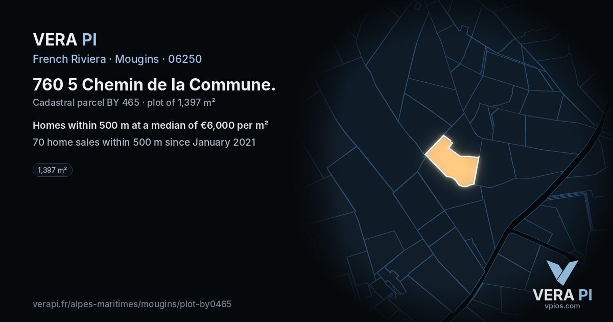 760 5 Chemin de la Commune, Mougins at night – the plot lit, the parcels around coloured by the prices near them