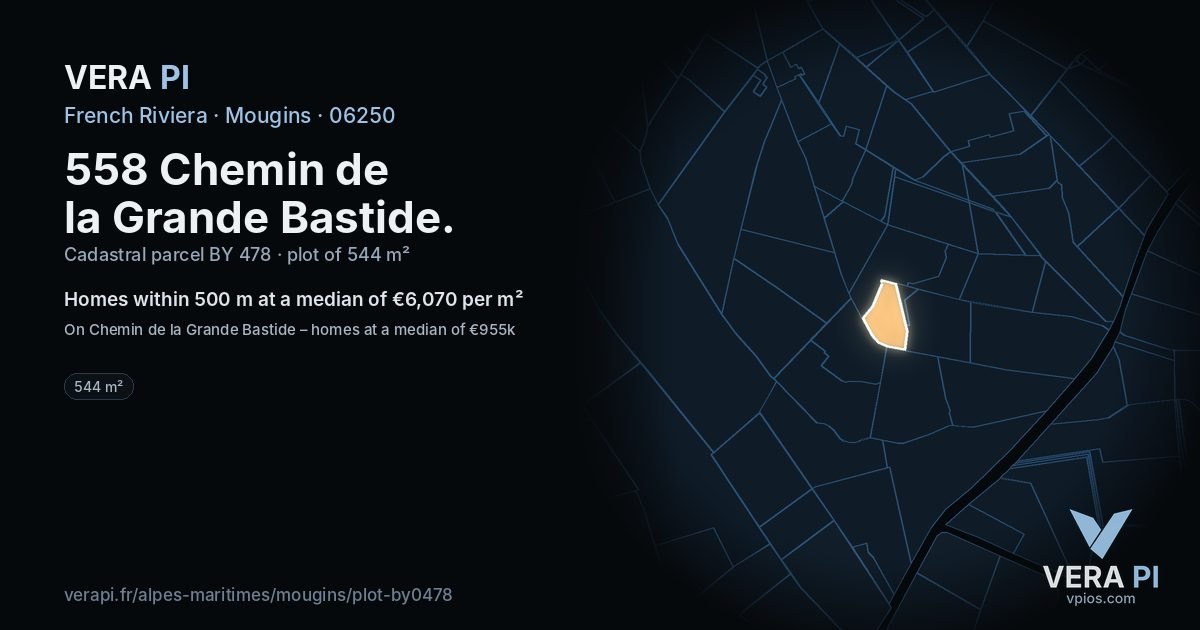 558 Chemin de la Grande Bastide, Mougins at night – the plot lit, the parcels around coloured by the prices near them