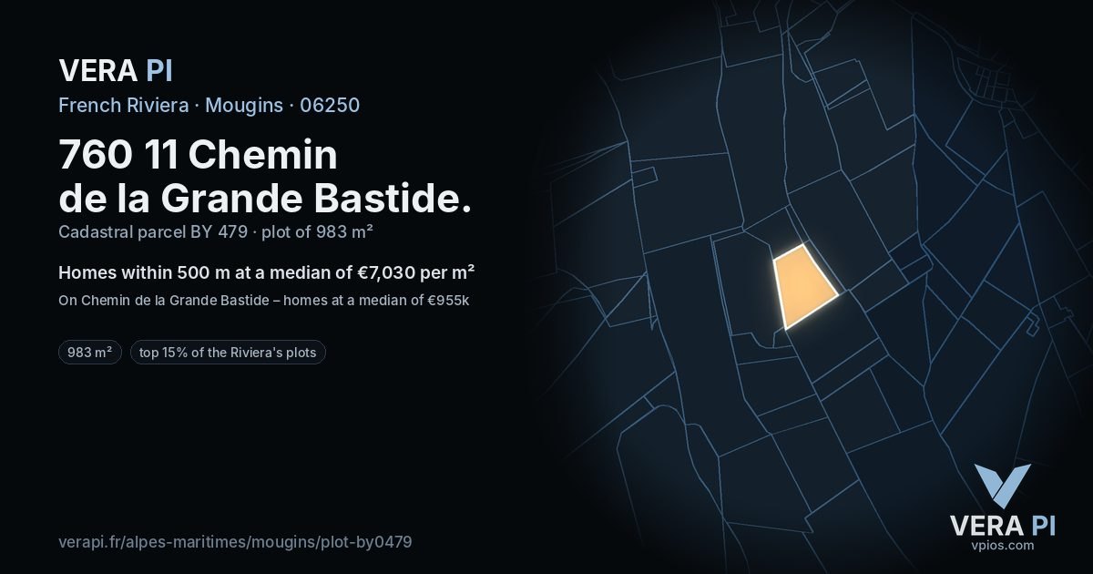 760 11 Chemin de la Grande Bastide, Mougins at night – the plot lit, the parcels around coloured by the prices near them