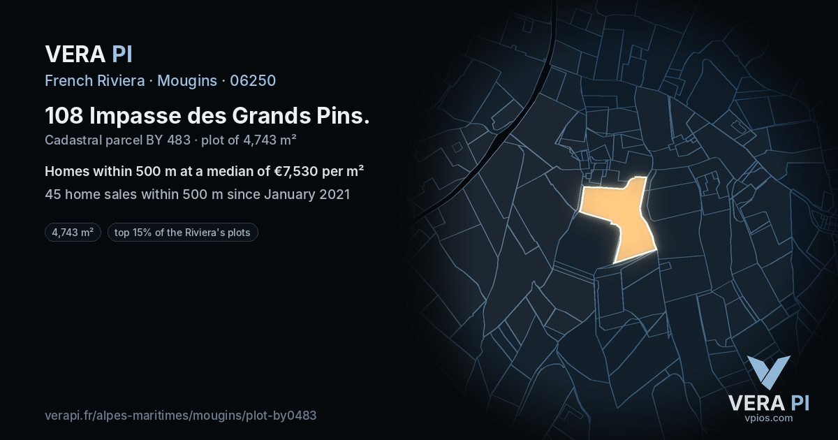 108 Impasse des Grands Pins, Mougins at night – the plot lit, the parcels around coloured by the prices near them