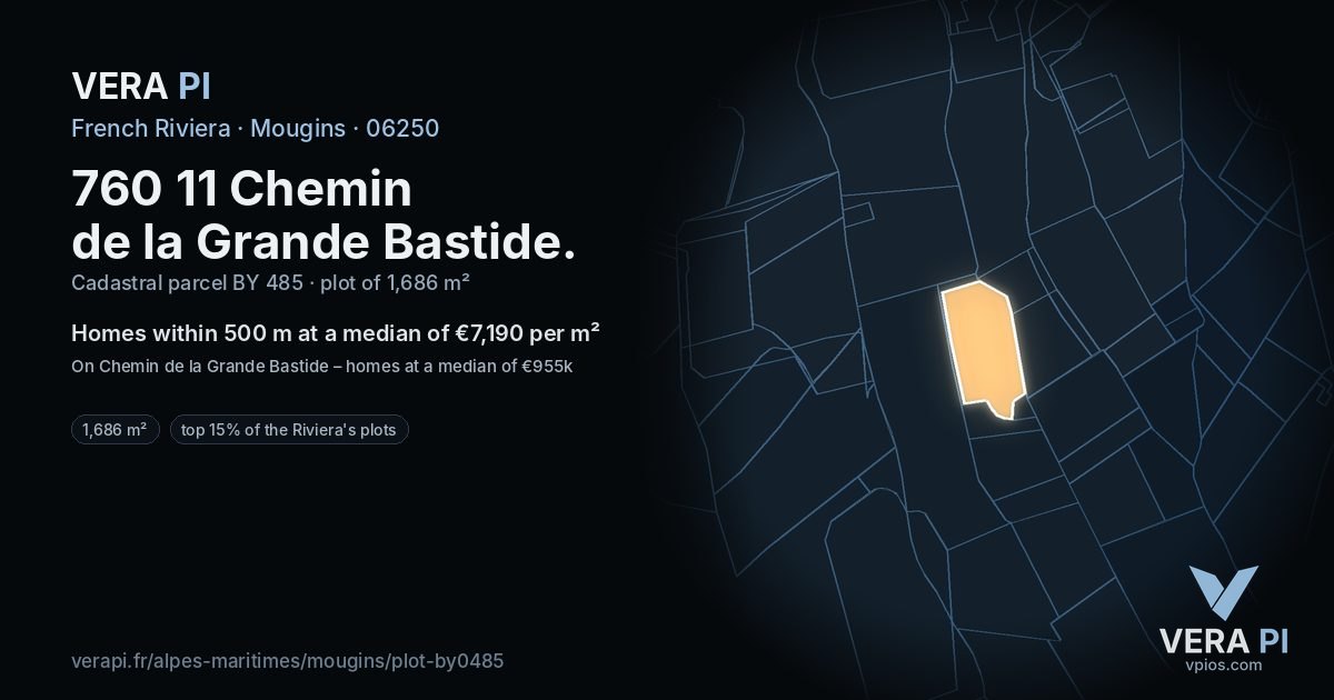 760 11 Chemin de la Grande Bastide, Mougins at night – the plot lit, the parcels around coloured by the prices near them