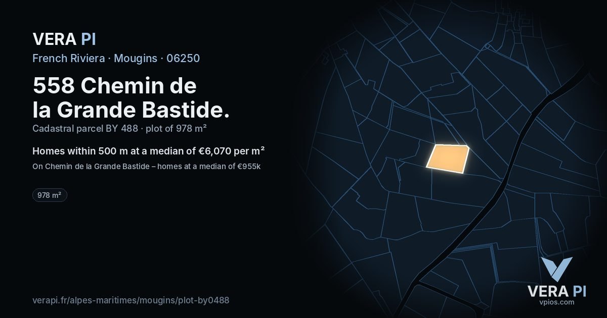 558 Chemin de la Grande Bastide, Mougins at night – the plot lit, the parcels around coloured by the prices near them