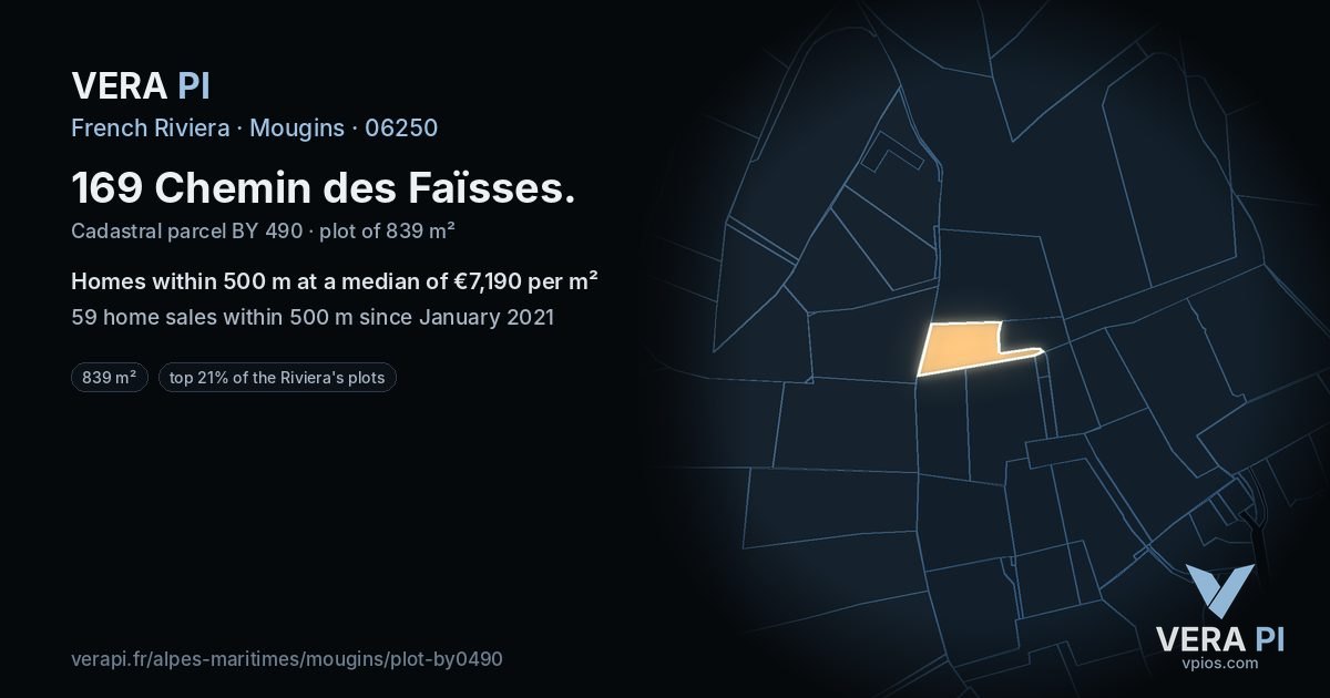 169 Chemin des Faïsses, Mougins at night – the plot lit, the parcels around coloured by the prices near them