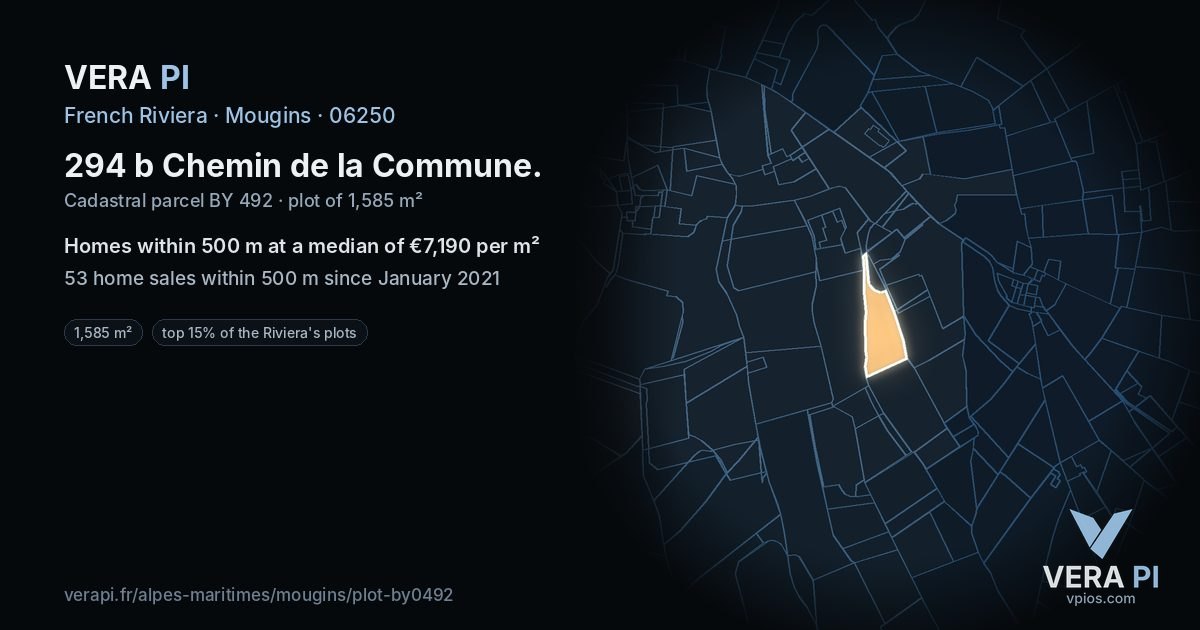 294 b Chemin de la Commune, Mougins at night – the plot lit, the parcels around coloured by the prices near them