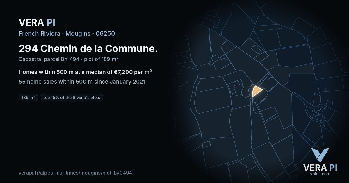 294 Chemin de la Commune, Mougins at night – the plot lit, the parcels around coloured by the prices near them