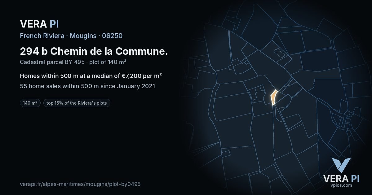 294 b Chemin de la Commune, Mougins at night – the plot lit, the parcels around coloured by the prices near them