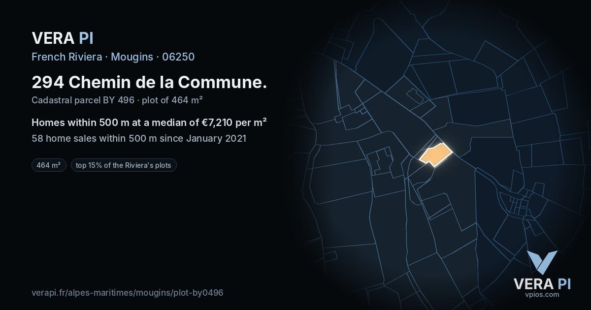 294 Chemin de la Commune, Mougins at night – the plot lit, the parcels around coloured by the prices near them