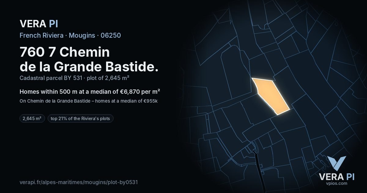 760 7 Chemin de la Grande Bastide, Mougins at night – the plot lit, the parcels around coloured by the prices near them
