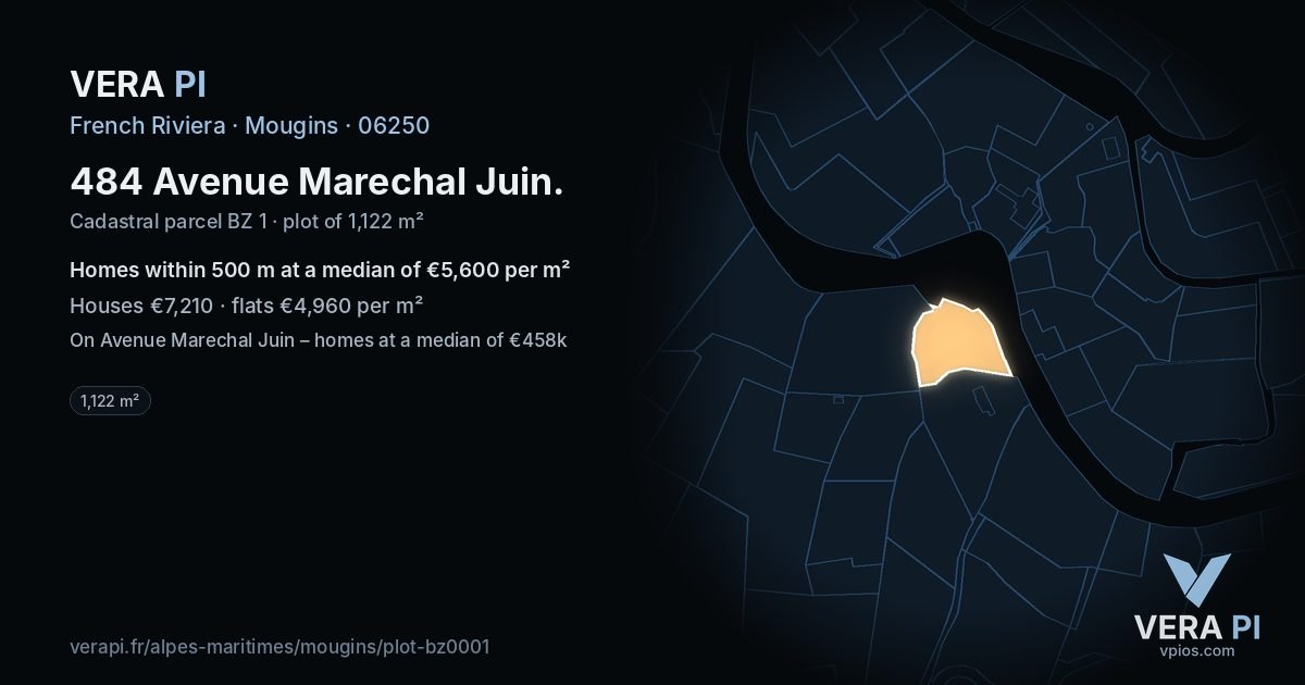 484 Avenue Marechal Juin, Mougins at night – the plot lit, the parcels around coloured by the prices near them
