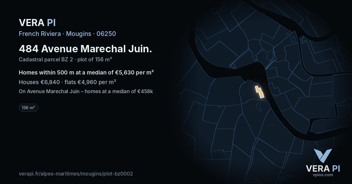 484 Avenue Marechal Juin, Mougins at night – the plot lit, the parcels around coloured by the prices near them
