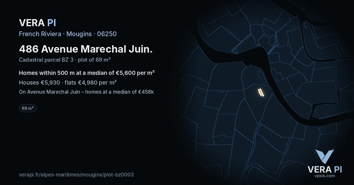 486 Avenue Marechal Juin, Mougins at night – the plot lit, the parcels around coloured by the prices near them