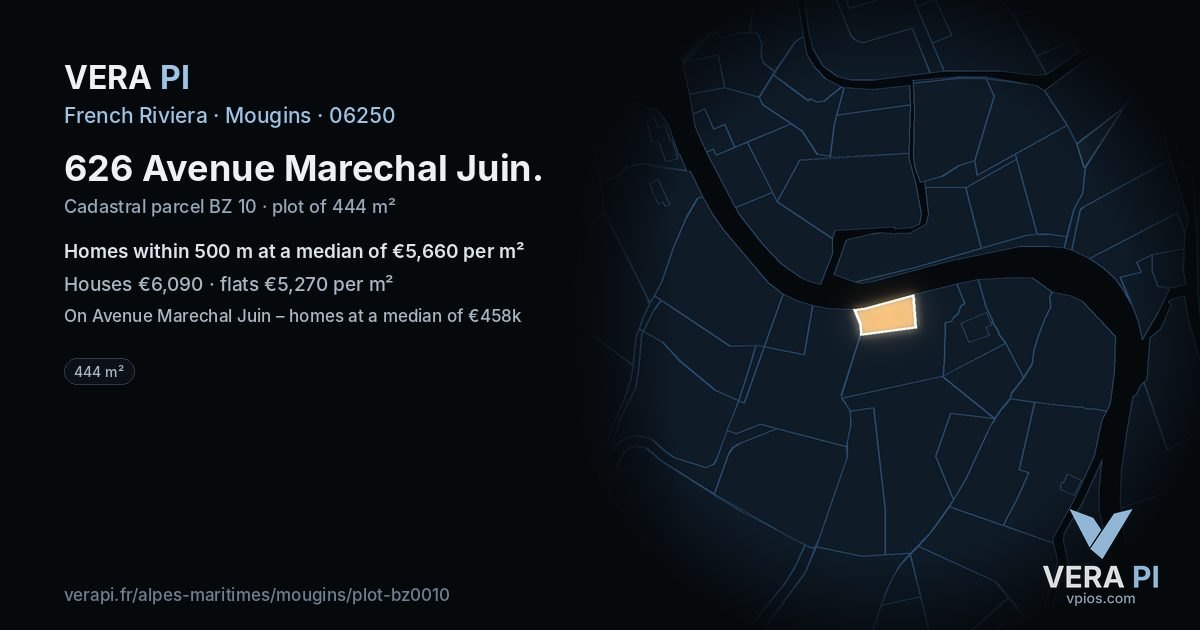626 Avenue Marechal Juin, Mougins at night – the plot lit, the parcels around coloured by the prices near them