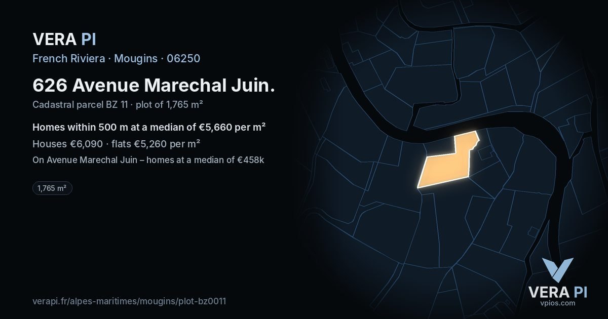 626 Avenue Marechal Juin, Mougins at night – the plot lit, the parcels around coloured by the prices near them