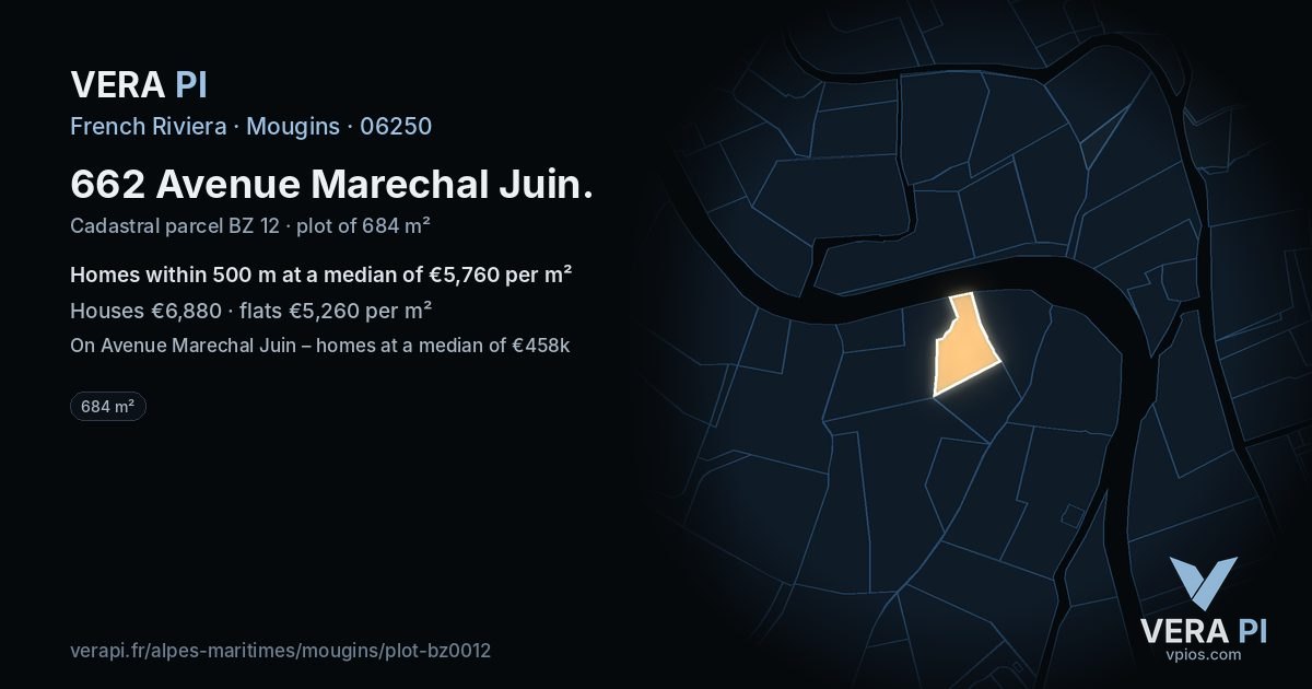 662 Avenue Marechal Juin, Mougins at night – the plot lit, the parcels around coloured by the prices near them