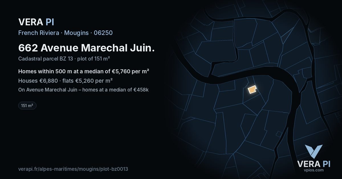 662 Avenue Marechal Juin, Mougins at night – the plot lit, the parcels around coloured by the prices near them