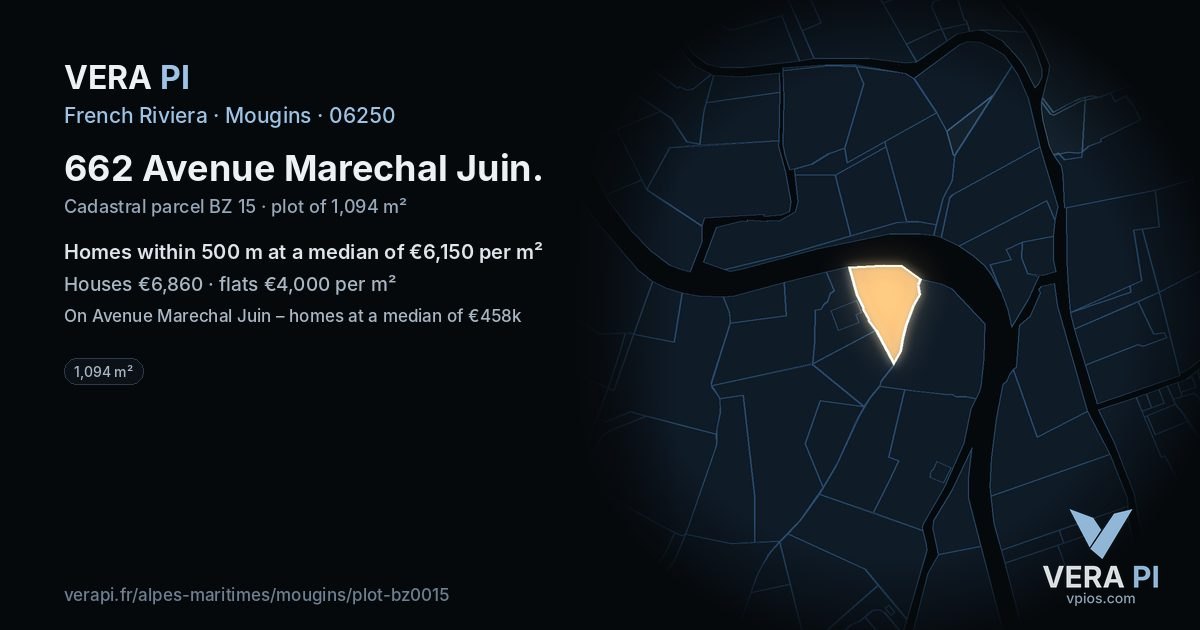 662 Avenue Marechal Juin, Mougins at night – the plot lit, the parcels around coloured by the prices near them