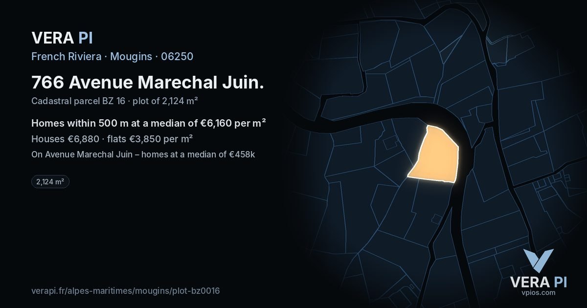 766 Avenue Marechal Juin, Mougins at night – the plot lit, the parcels around coloured by the prices near them