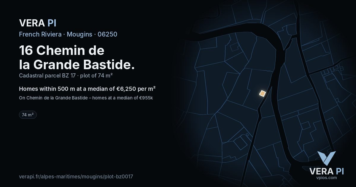 16 Chemin de la Grande Bastide, Mougins at night – the plot lit, the parcels around coloured by the prices near them