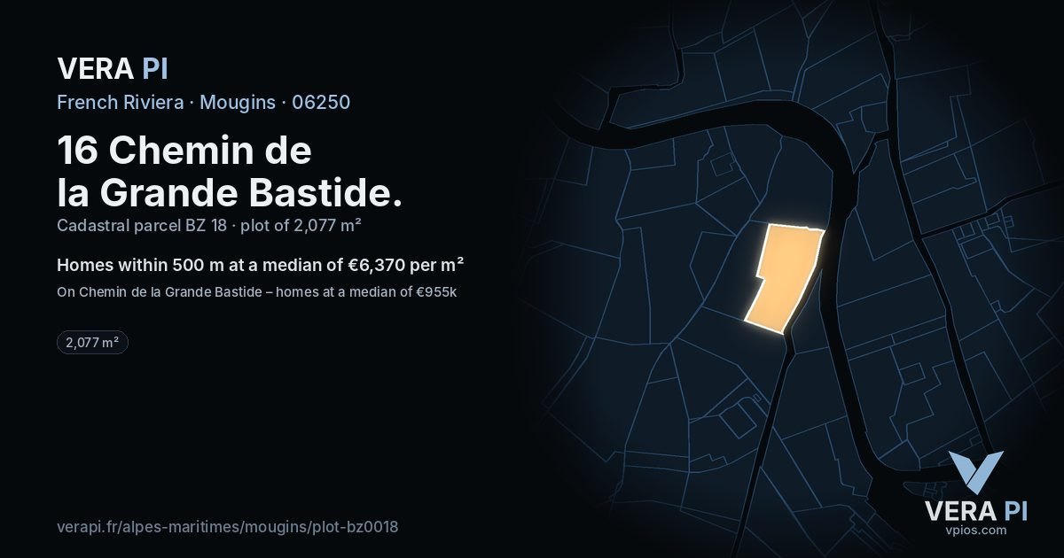 16 Chemin de la Grande Bastide, Mougins at night – the plot lit, the parcels around coloured by the prices near them